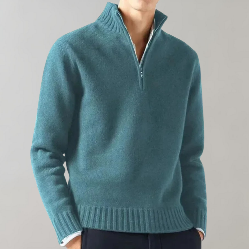 Men's Half-Zip Jumper with Ribbed Hem in Lake Blue