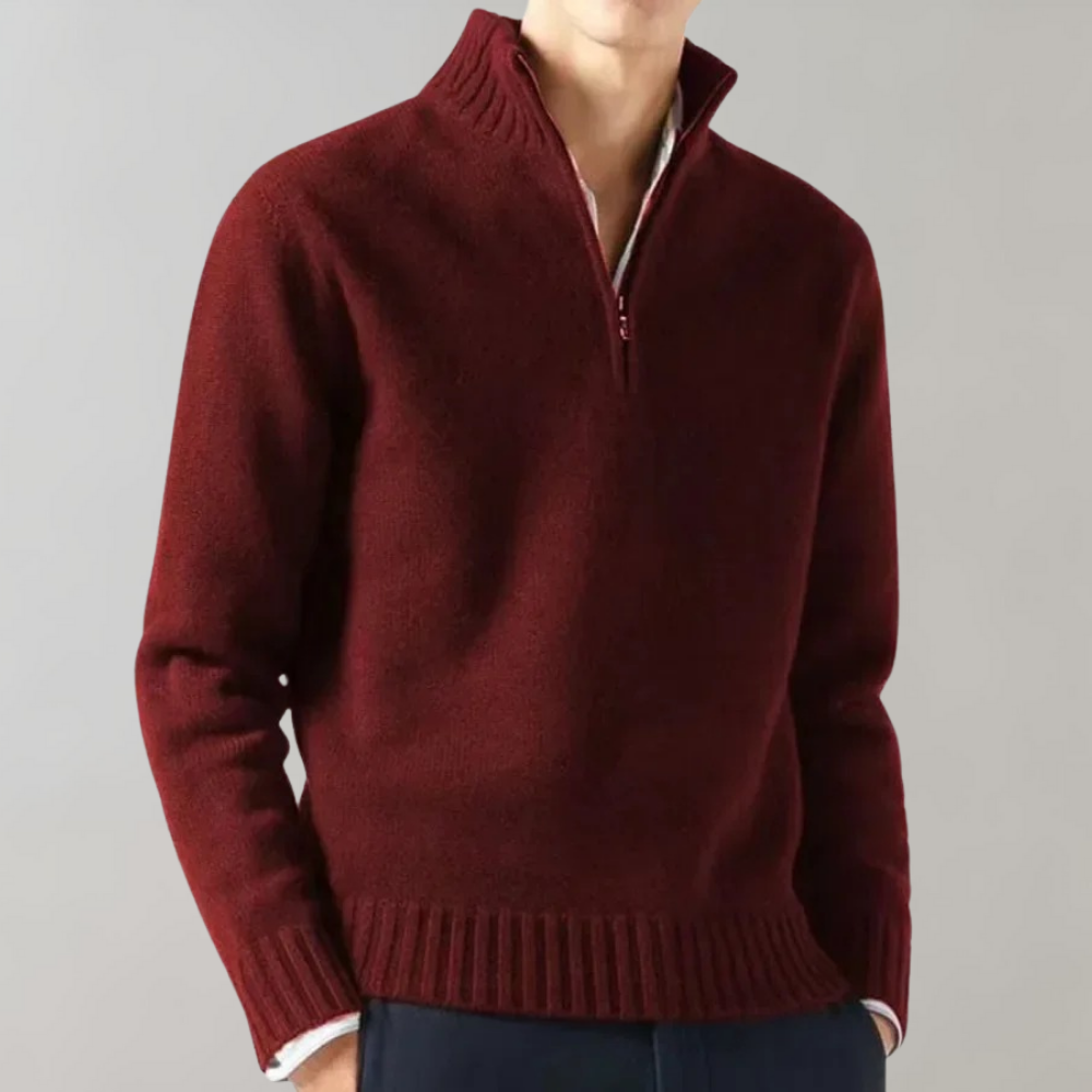 Men's Half-Zip Jumper with Ribbed Hem in Red