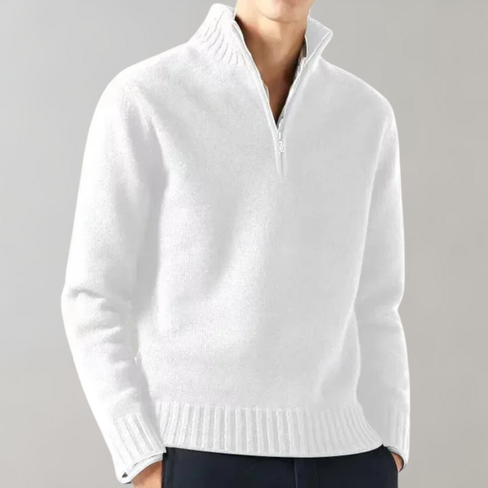 Men's Half-Zip Jumper with Ribbed Hem in White