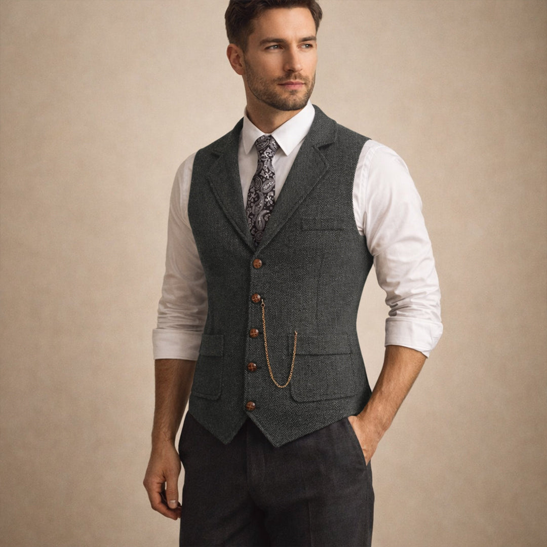 Men's Herringbone Waistcoat with Chain Detail - Dark Grey