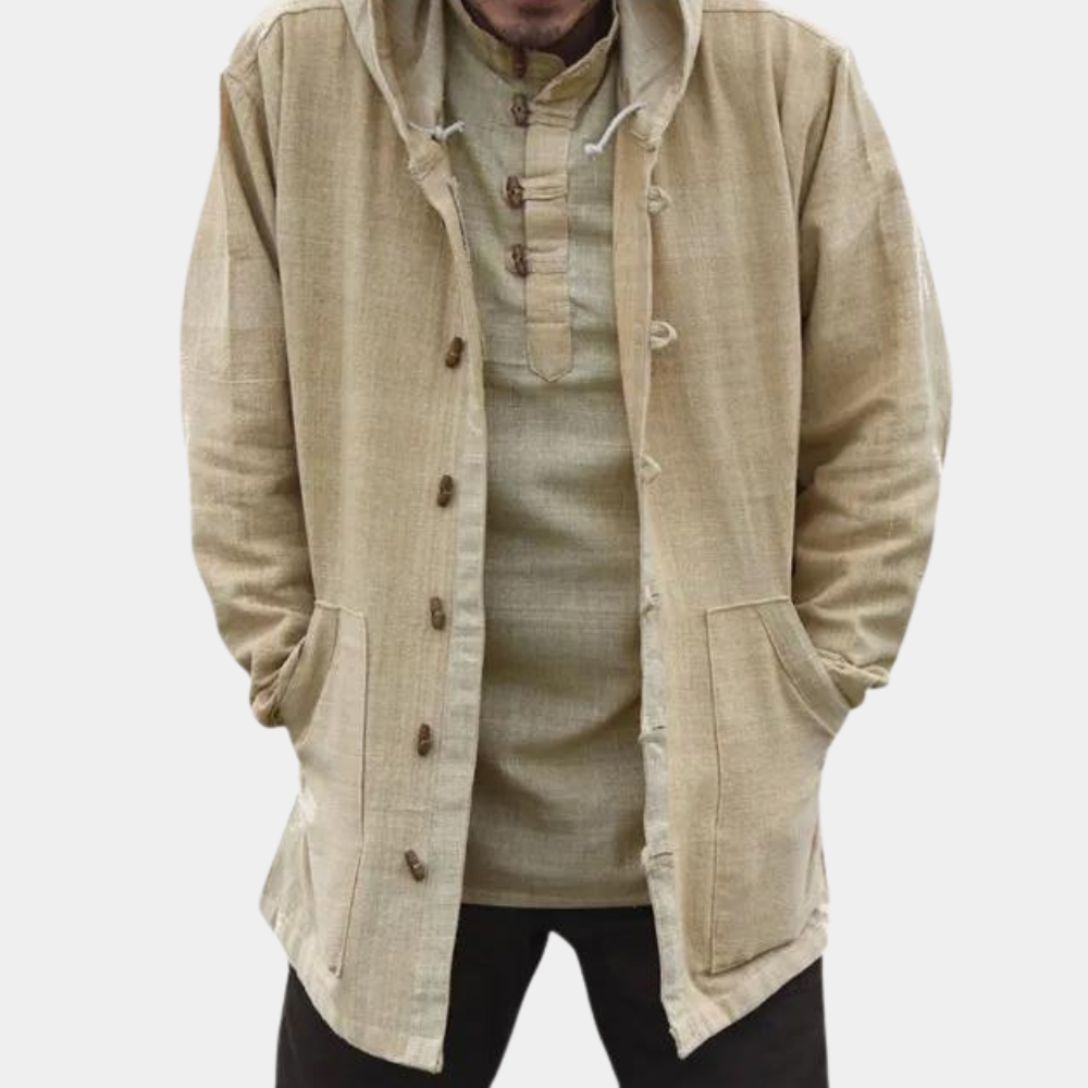 Men's Hooded Longline Jacket with Button Front in Beige