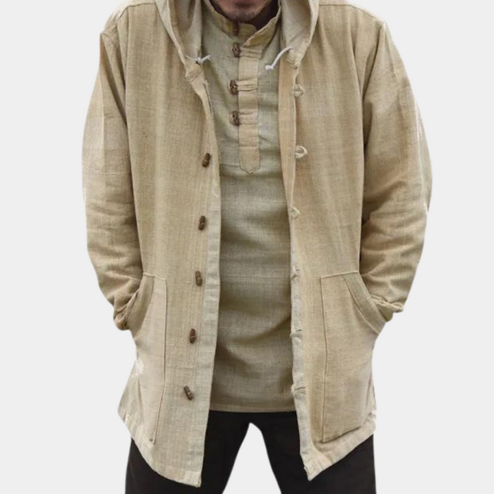 Men's Hooded Longline Jacket with Button Front in Beige