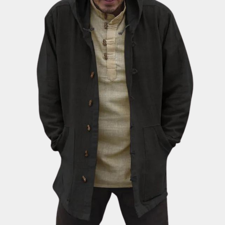 Men's Hooded Longline Jacket with Button Front in Black