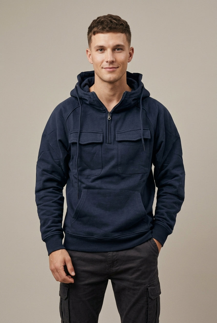Men's Half-Zip Hoodie with Cargo Pocket - Navy Blue
