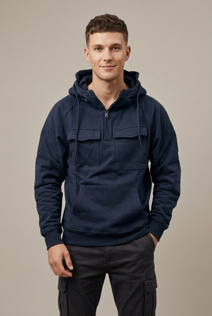 Men's Half-Zip Hoodie with Cargo Pocket - Navy Blue