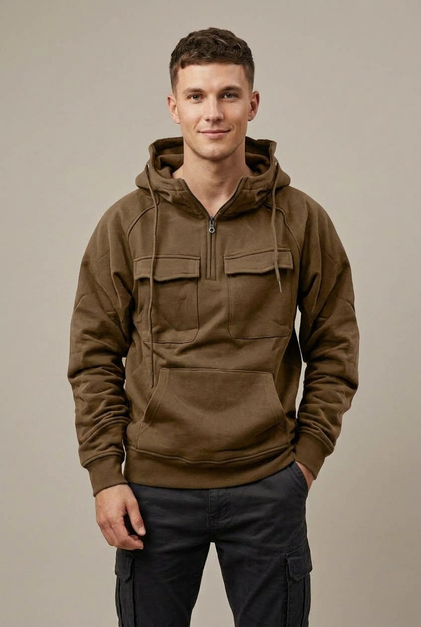 Men's Half-Zip Hoodie with Cargo Pocket - Brown