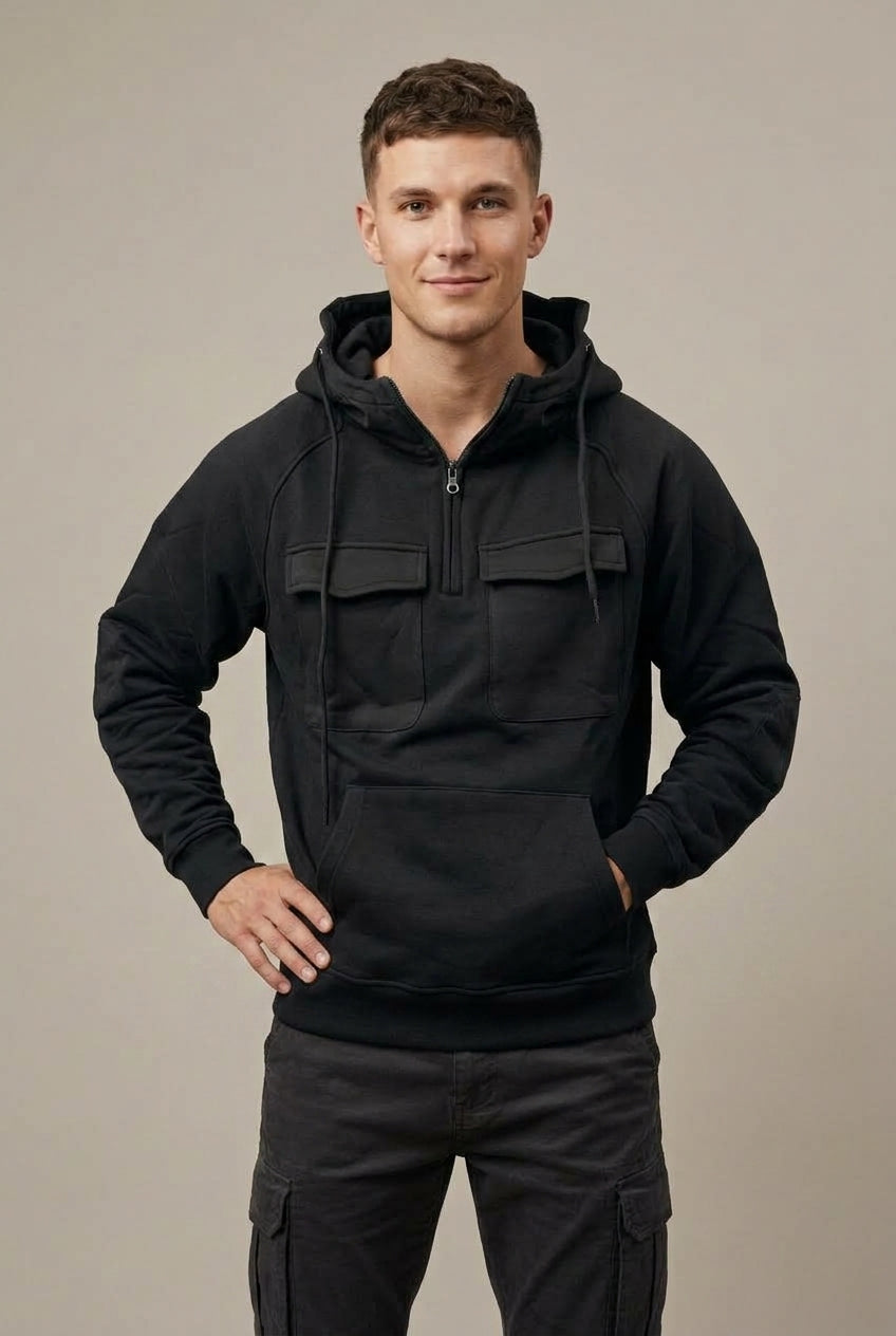 Men's Half-Zip Hoodie with Cargo Pocket - Black