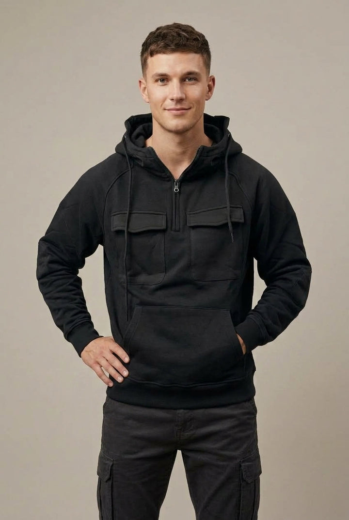 Men's Half-Zip Hoodie with Cargo Pocket - Black