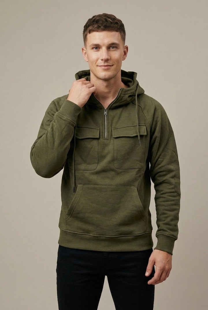 Men's Half-Zip Hoodie with Cargo Pocket - Army Green