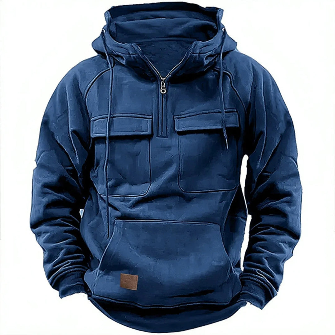 Men's Hoodie with Quarter-Zip, Cargo Pockets and Drawstring Hood