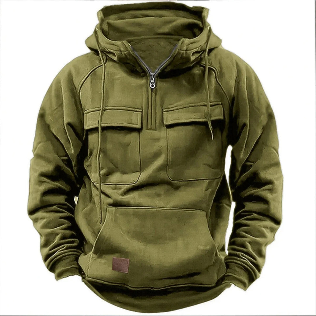 Men's Hoodie with Quarter-Zip, Cargo Pockets and Drawstring Hood