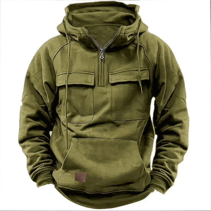 Men's Hoodie with Quarter-Zip, Cargo Pockets and Drawstring Hood