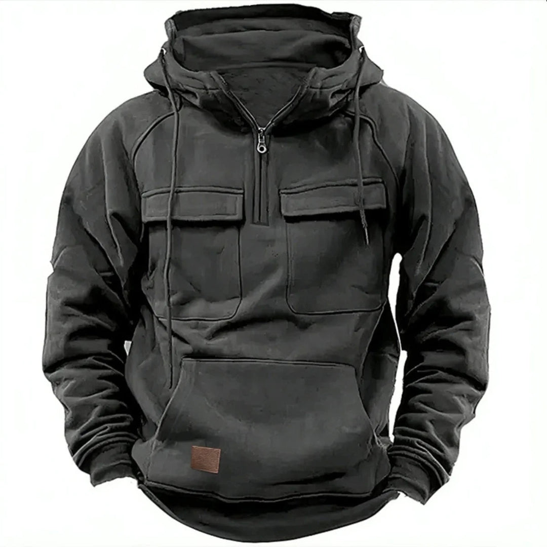 Men's Hoodie with Quarter-Zip, Cargo Pockets and Drawstring Hood