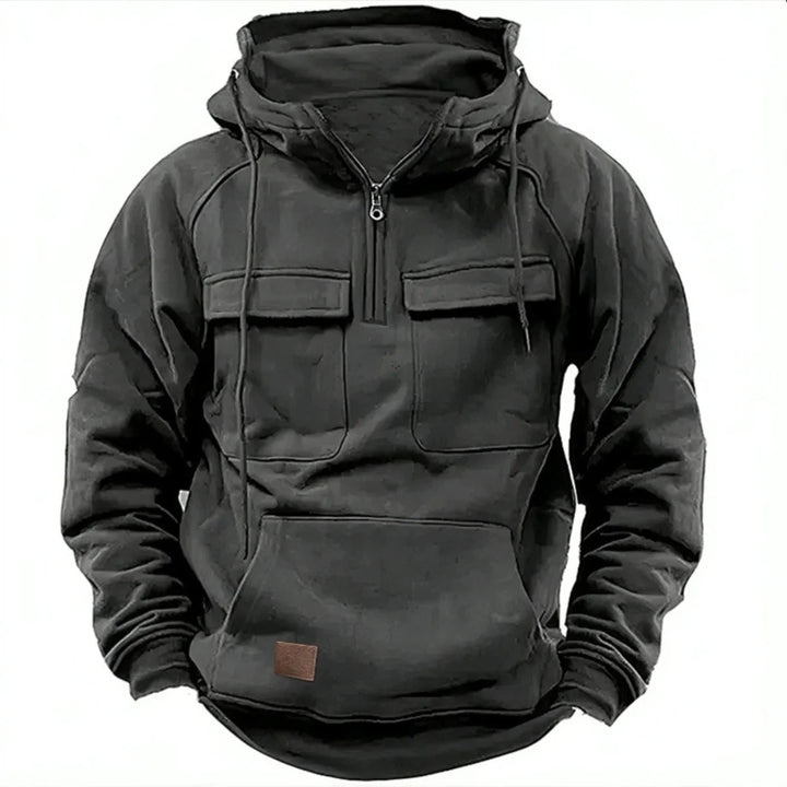 Men's Hoodie with Quarter-Zip, Cargo Pockets and Drawstring Hood