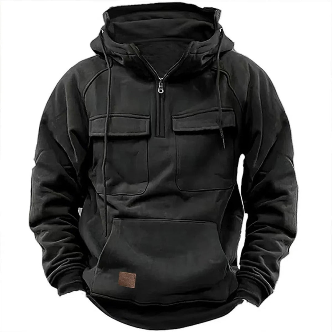 Men's Hoodie with Quarter-Zip, Cargo Pockets and Drawstring Hood