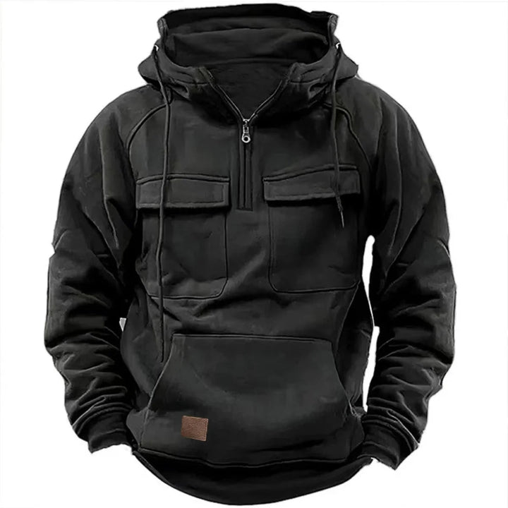 Men's Hoodie with Quarter-Zip, Cargo Pockets and Drawstring Hood