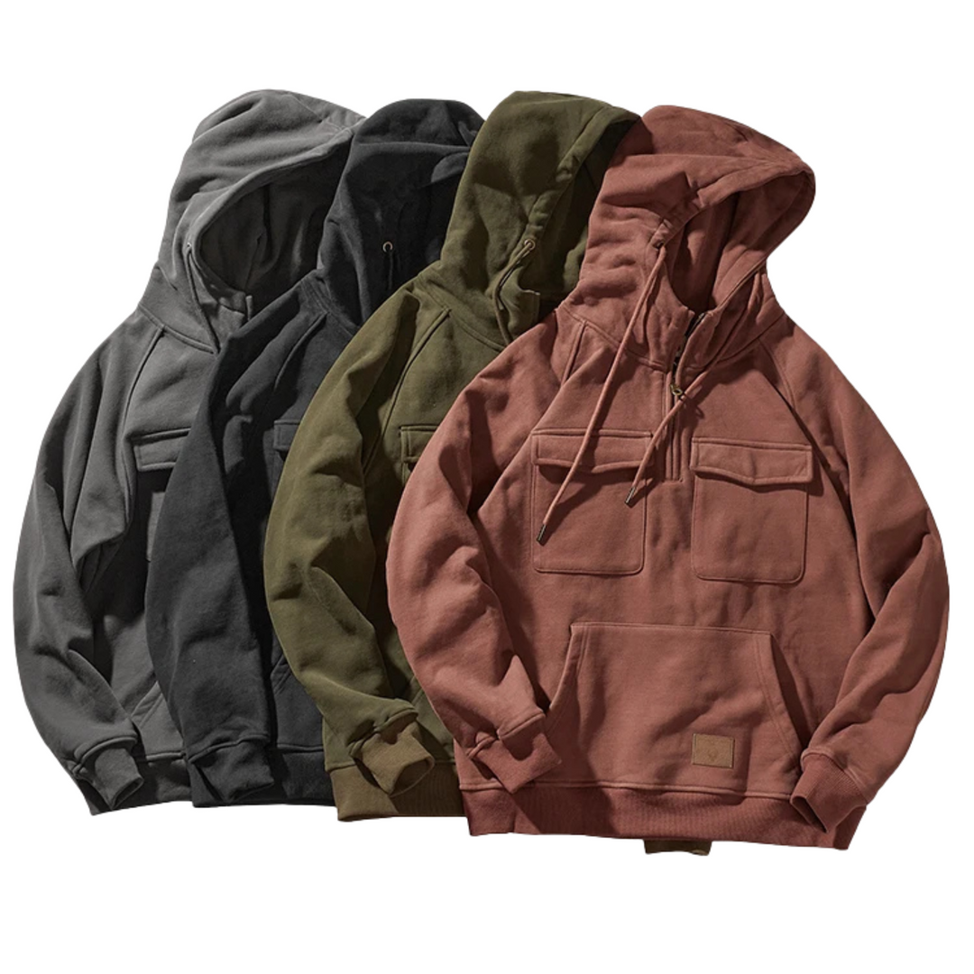 Men's Hoodie with Quarter-Zip, Cargo Pockets and Drawstring Hood