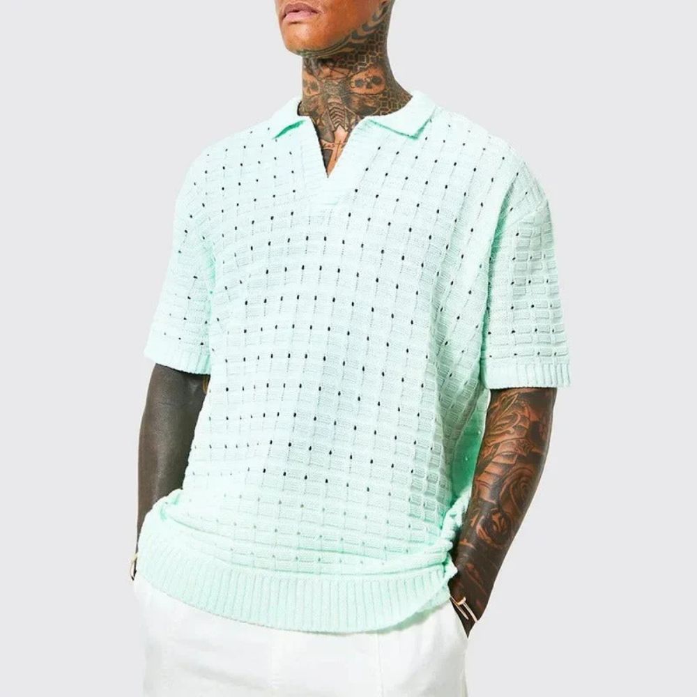 Men's Knitted Relaxed Polo Shirt with Roll Neck in Light Blue