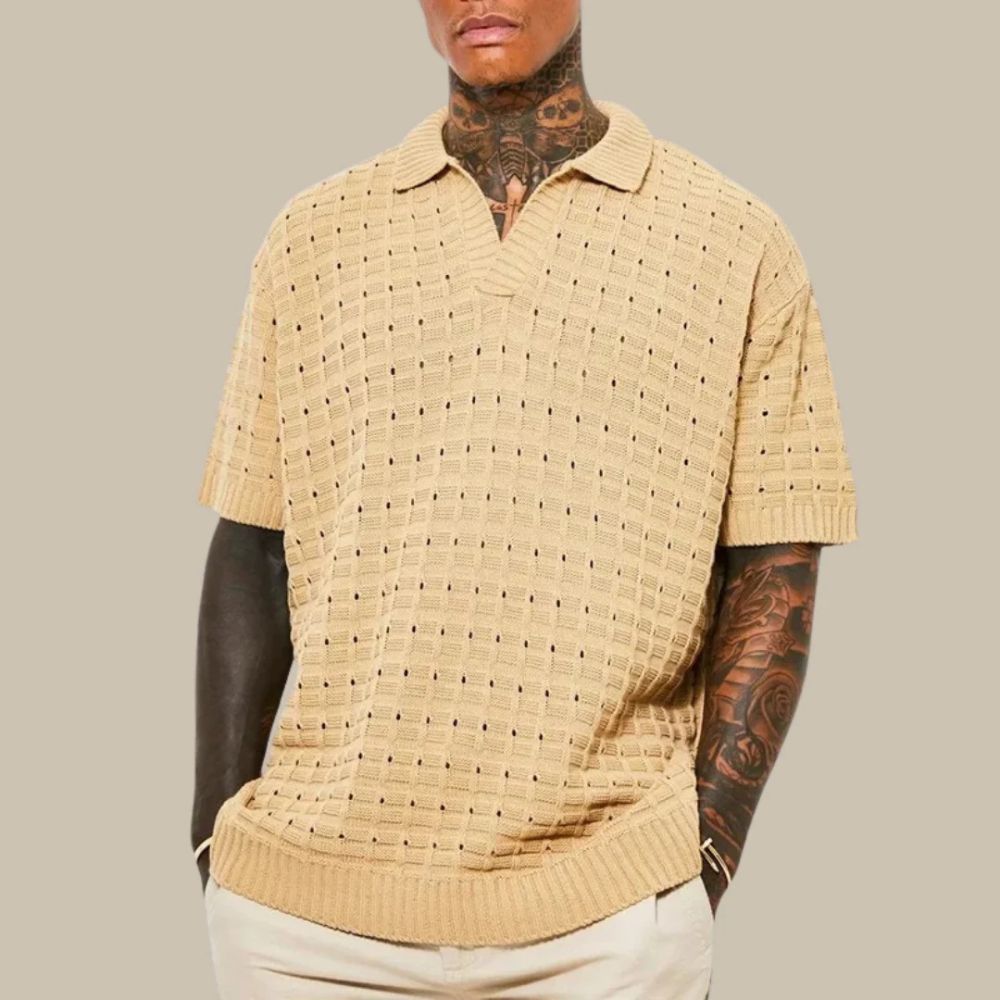 Men's Knitted Relaxed Polo Shirt with Roll Neck in Khaki