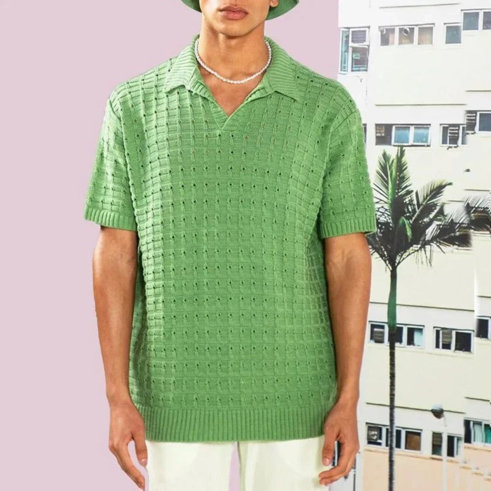 Men's Knitted Relaxed Polo Shirt with Roll Neck in Green