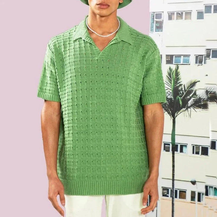 Men's Knitted Relaxed Polo Shirt with Roll Neck in Green