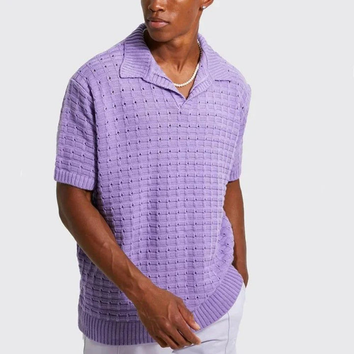 Men's Knitted Relaxed Polo Shirt with Roll Neck in Purple