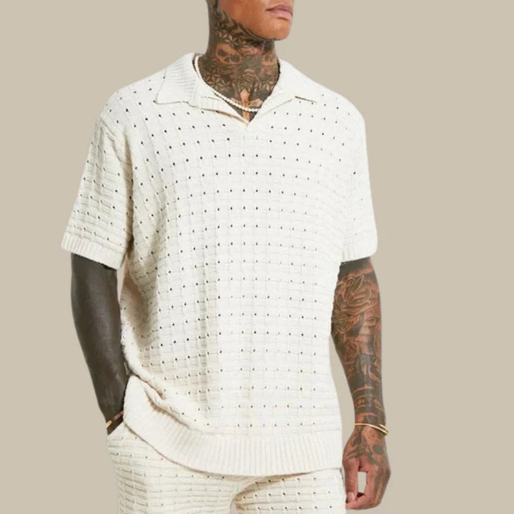 Men's Knitted Relaxed Polo Shirt with Roll Neck in White