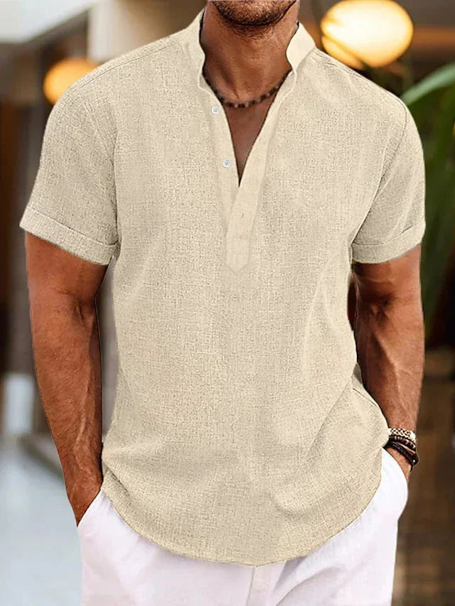 Men's Linen V-Neck Polo Shirt with Short Sleeves — Jack Button-Front Casual