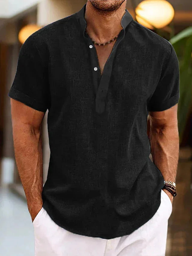 Men's Linen V-Neck Polo Shirt with Short Sleeves — Jack Button-Front Casual