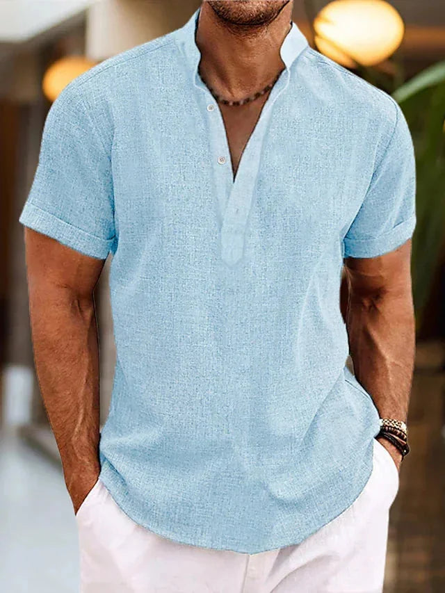 Men's Linen V-Neck Polo Shirt with Short Sleeves — Jack Button-Front Casual