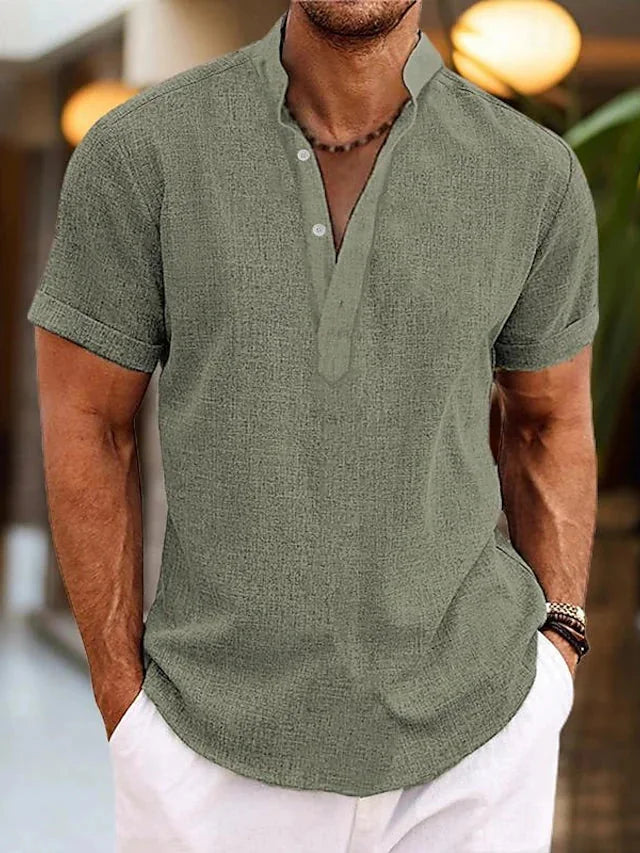 Men's Linen V-Neck Polo Shirt with Short Sleeves — Jack Button-Front Casual