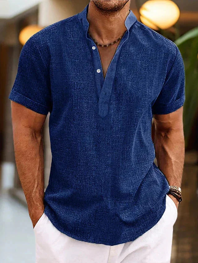 Men's Linen V-Neck Polo Shirt with Short Sleeves — Jack Button-Front Casual
