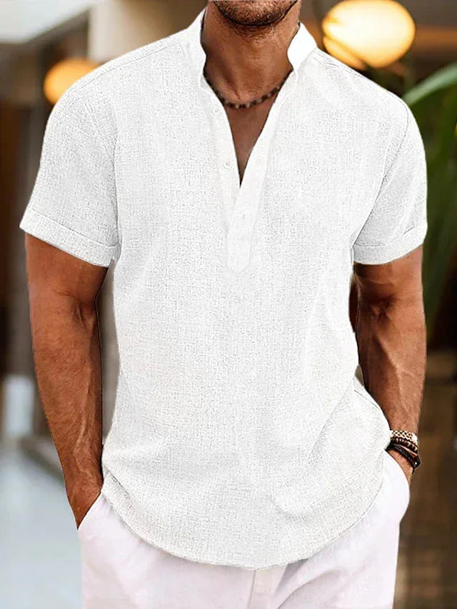 Men's Linen V-Neck Polo Shirt with Short Sleeves — Jack Button-Front Casual