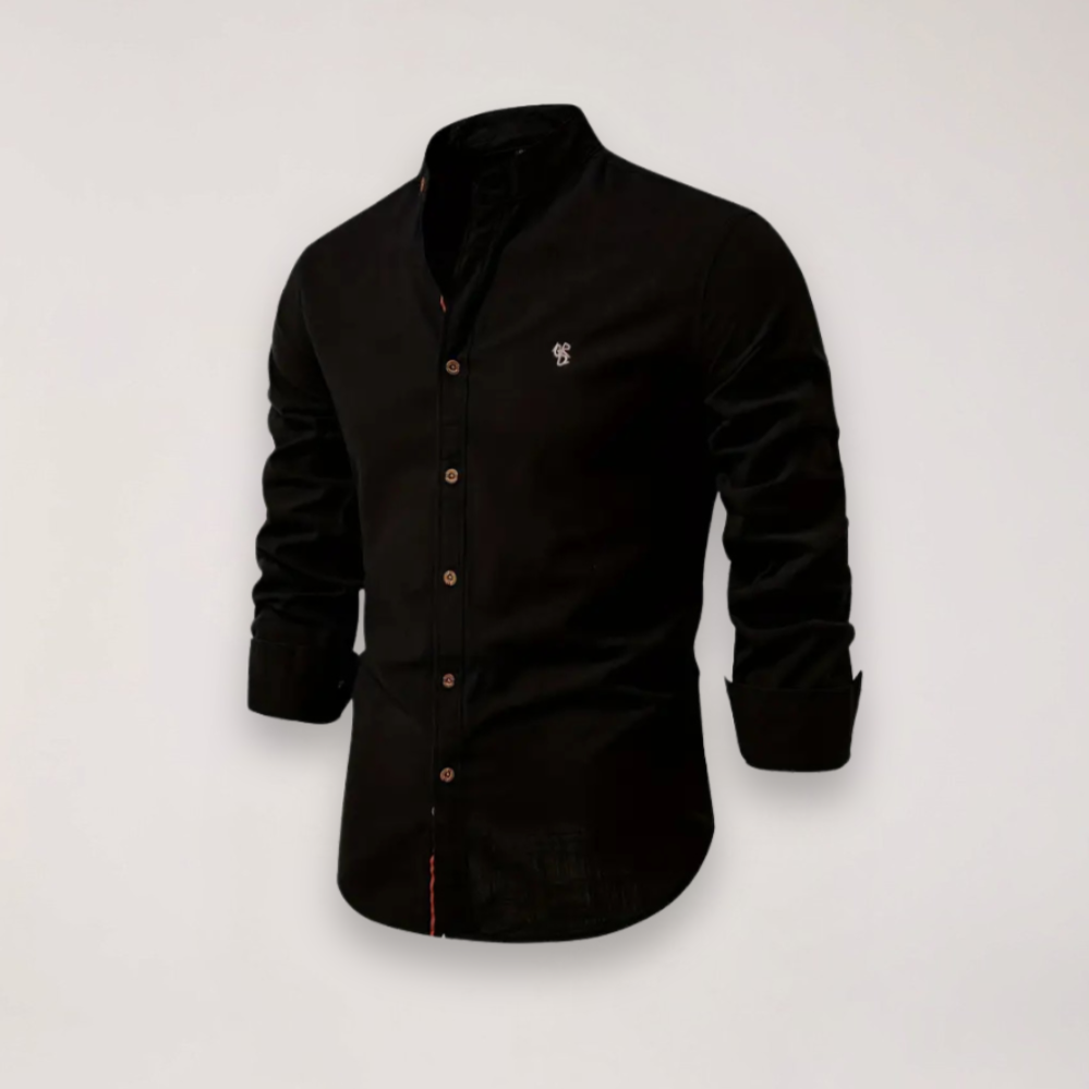 Men's Long Sleeve Stand Collar Shirt - Embroidered Solid Design for Smart Casual Styling