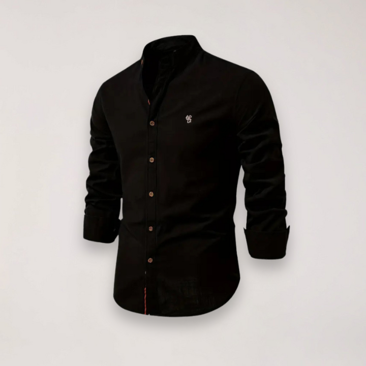 Men's Long Sleeve Stand Collar Shirt - Embroidered Solid Design for Smart Casual Styling