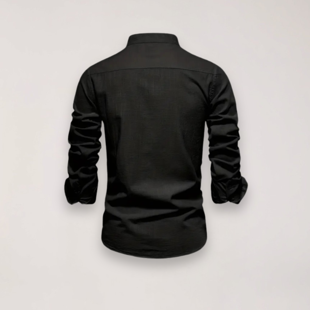 Men's Long Sleeve Stand Collar Shirt - Embroidered Solid Design for Smart Casual Styling – view 2