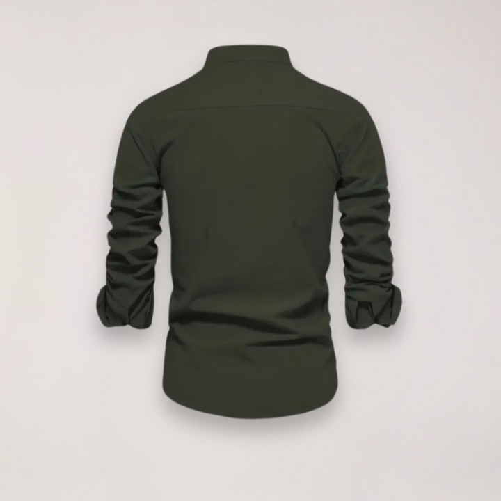 Men's Long Sleeve Stand Collar Shirt - Embroidered Solid Design for Smart Casual Styling – view 3