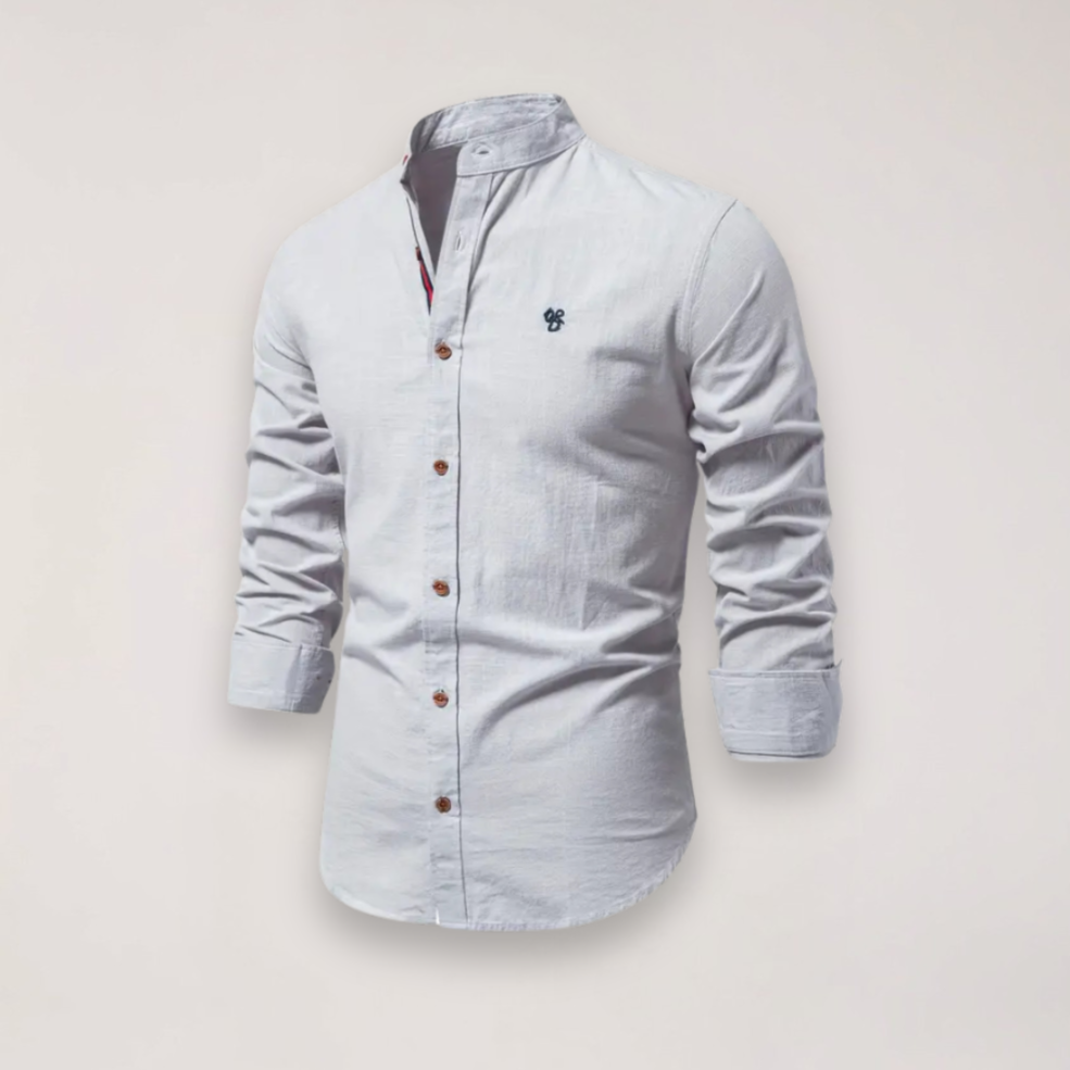 Men's Long Sleeve Stand Collar Shirt - Embroidered Solid Design for Smart Casual Styling – view 5