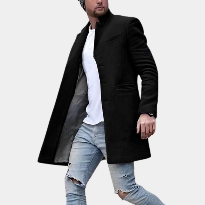 Men's Longline Coat with Stand Collar and Button Front in Black
