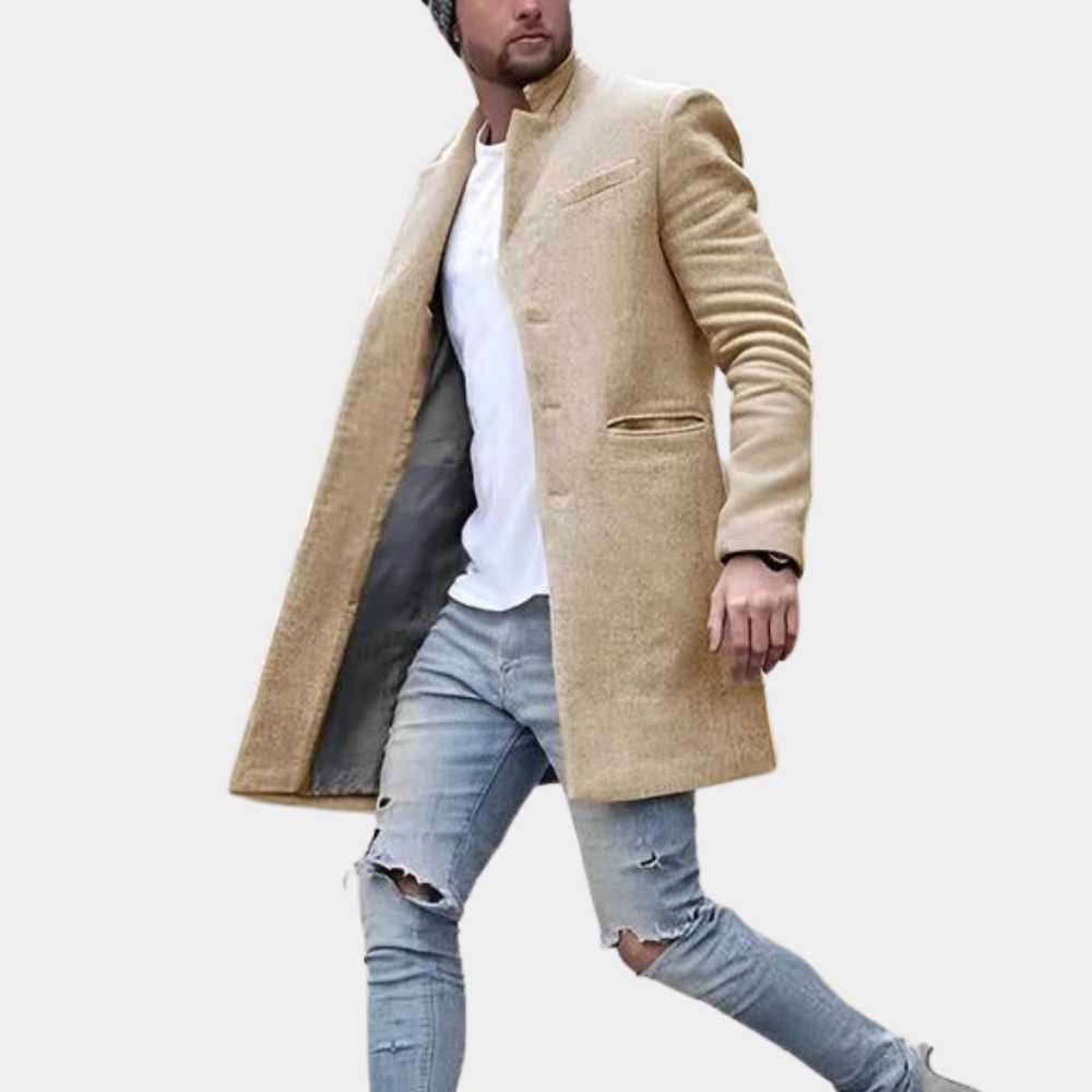 Men's Longline Coat with Stand Collar and Button Front in Beige