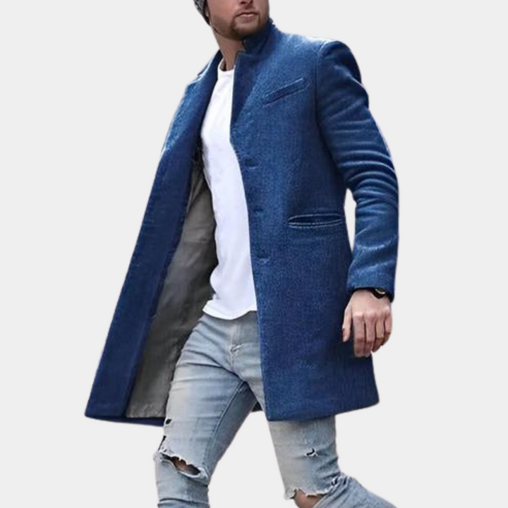 Men's Longline Coat with Stand Collar and Button Front in Blue