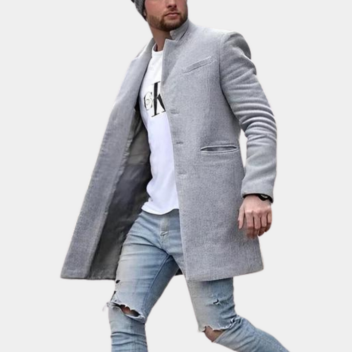Men's Longline Coat with Stand Collar and Button Front in Grey