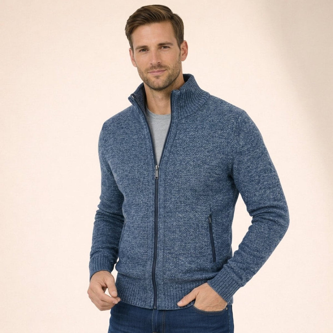 Men's Merino Wool Mock Neck Jumper with Zip Front and Stand Collar