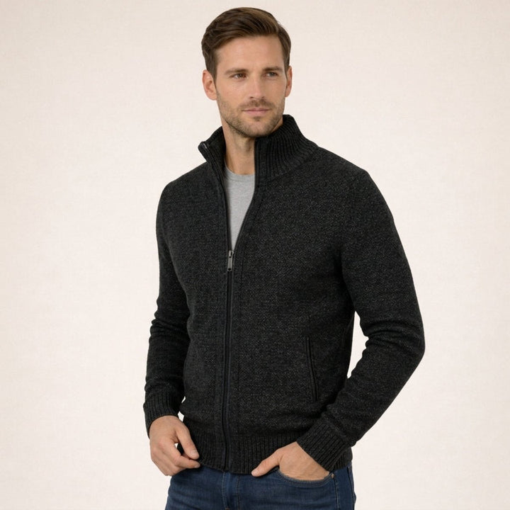 Men's Merino Wool Mock Neck Jumper with Zip Front and Stand Collar