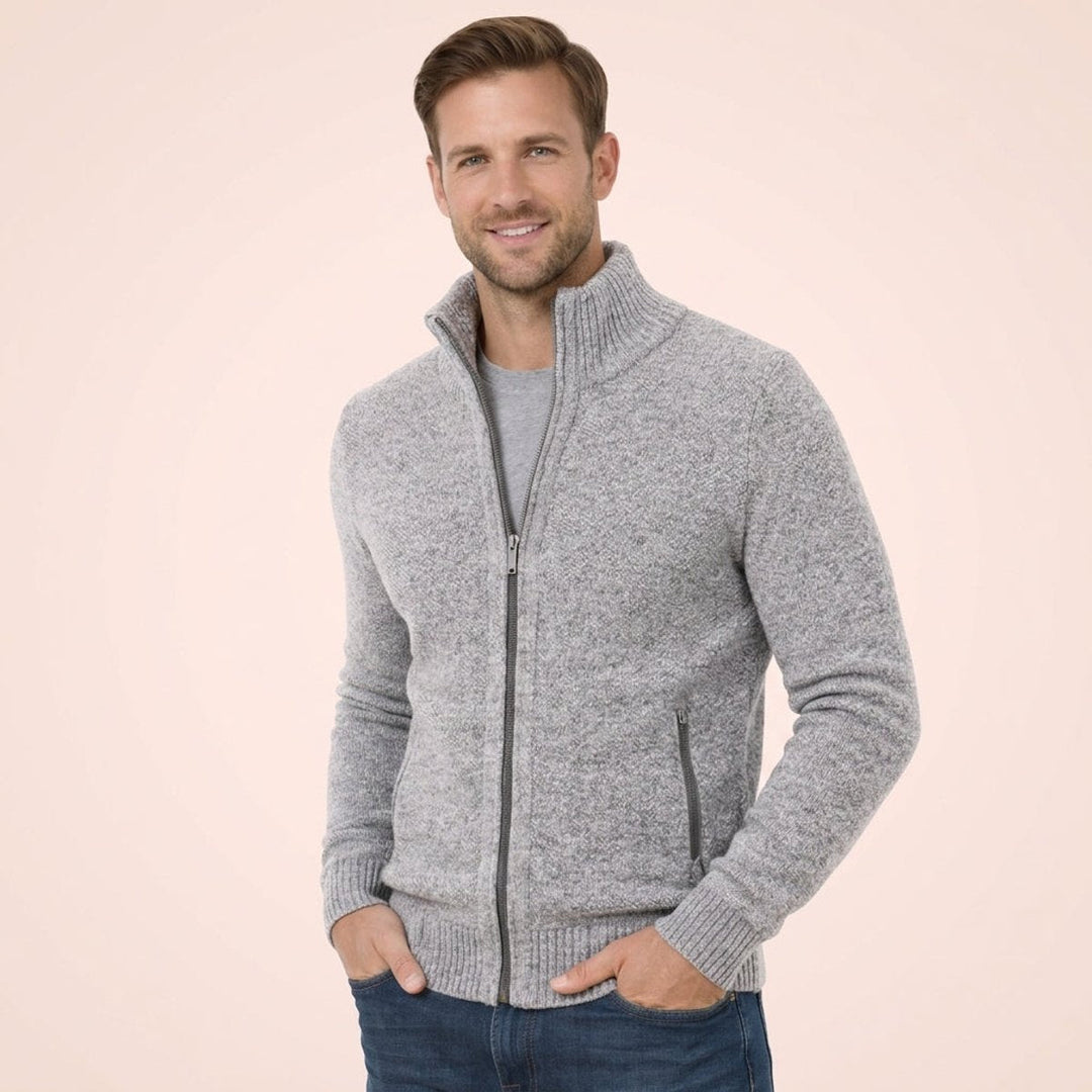 Men's Merino Wool Mock Neck Jumper with Zip Front and Stand Collar