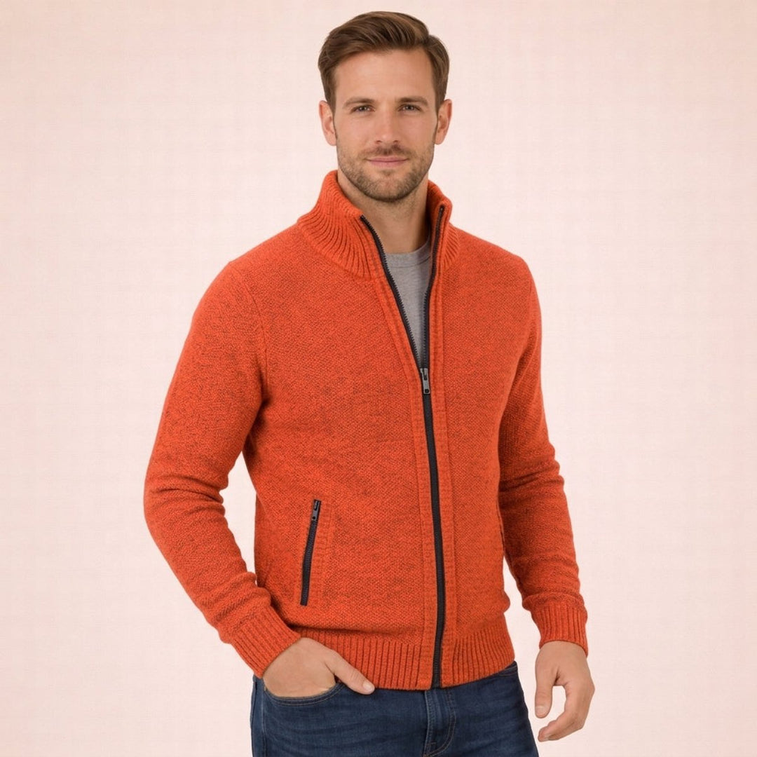 Men's Merino Wool Mock Neck Jumper with Zip Front and Stand Collar