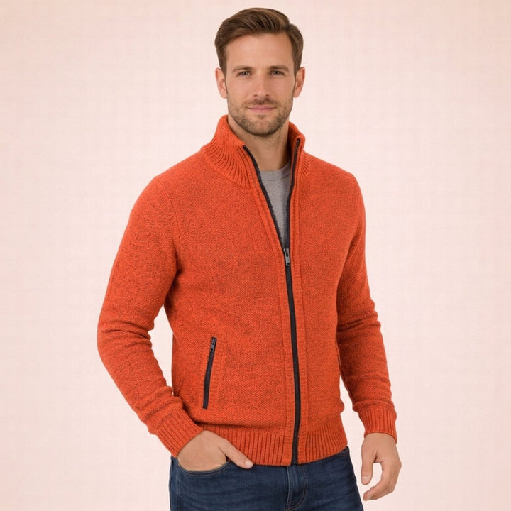 Men's Merino Wool Mock Neck Jumper with Zip Front and Stand Collar