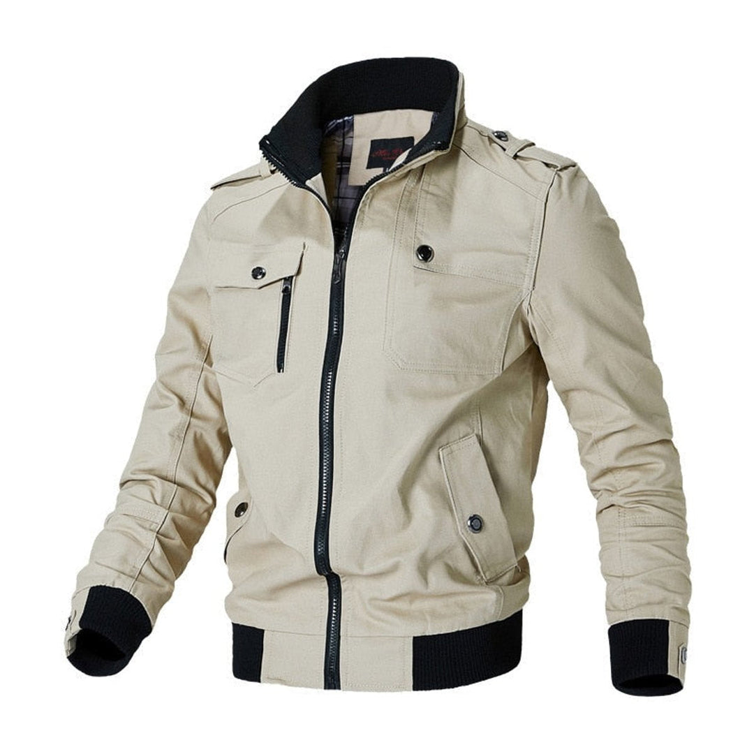 Men's Check Pattern Bomber Jacket with Zip Front and Stand Collar