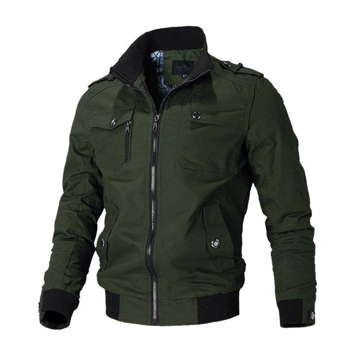 Men's Check Pattern Bomber Jacket with Zip Front and Stand Collar