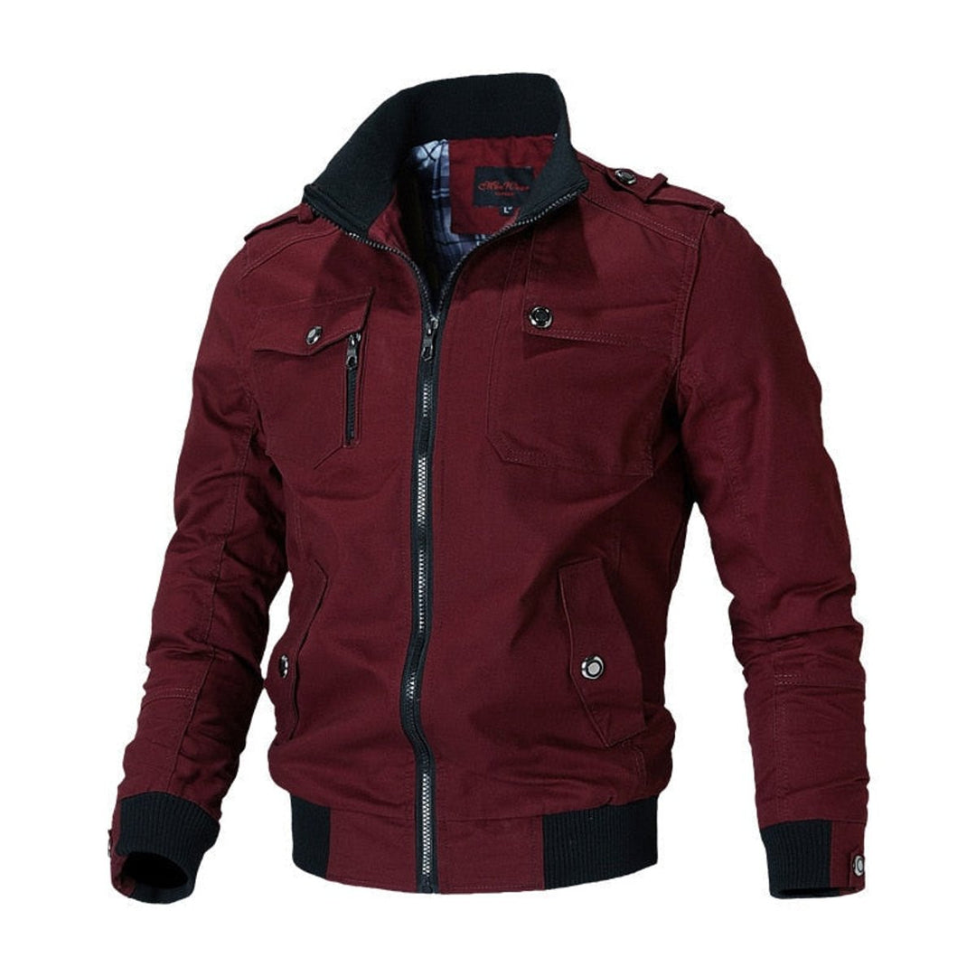 Men's Check Pattern Bomber Jacket with Zip Front and Stand Collar
